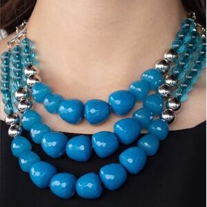 Paparazzi Retired  "Forbidden Fruit" Beaded Blue Silver Tone 3 Layer Necklace